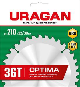 URAGAN Optima, 210 х 32/30 мм, 36Т, пильный диск по дереву (36801-210-32-36)