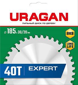 URAGAN Expert, 185 х 30/20 мм, 40Т, пильный диск по дереву (36802-185-30-40)