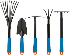 Садово-огородный набор (совок широкий, грабельки ручные, грабельки веерные, рыхлитель, мотыга), синие пластиковые ручки, 5 шт. FIT
