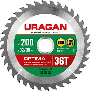 URAGAN Optima, 200 х 32/30 мм, 36Т, пильный диск по дереву (36801-200-32-36)