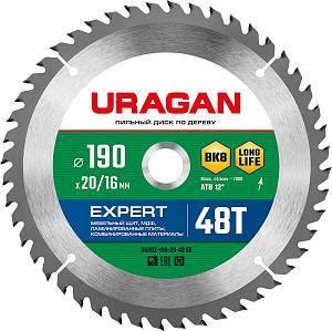 URAGAN Expert, 190 х 20/16 мм, 48Т, пильный диск по дереву (36802-190-20-48)
